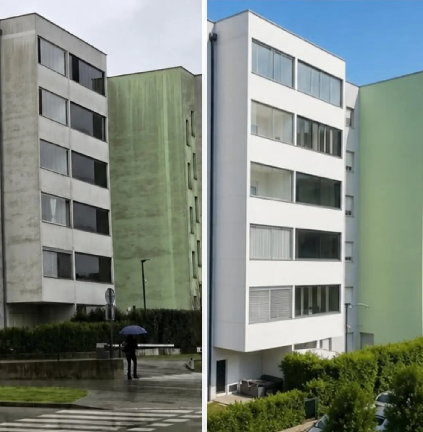 Visokotlačno pranje fasade stambene zgrade — prije i poslije, uklanjanje algi i zelenih naslaga